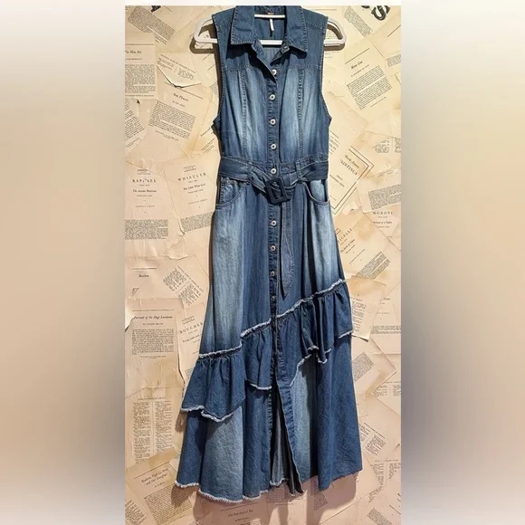 Free People Beau Maxi Midi Dress Denim No Belt Tiered Ruffle Hem Frayed Button - threedaughtersproperties.com Free People Beau Maxi Midi Dress Denim No Belt Tiered Ruffle Hem Frayed Button - threedaughtersproperties.com